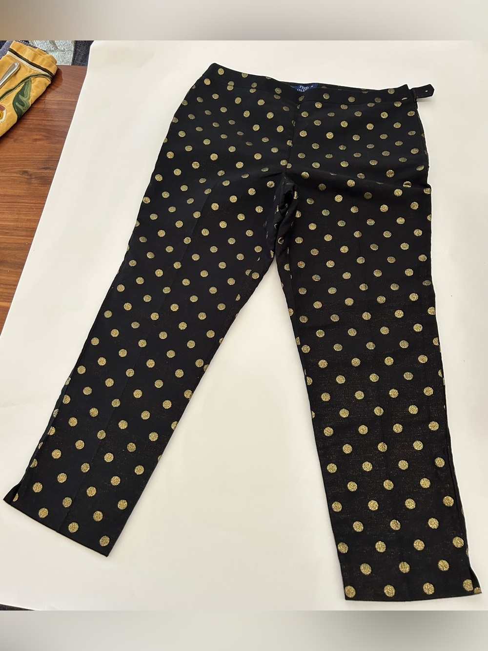 Talbots Black lined cotton Pants with Gold Polka Dots -Women
